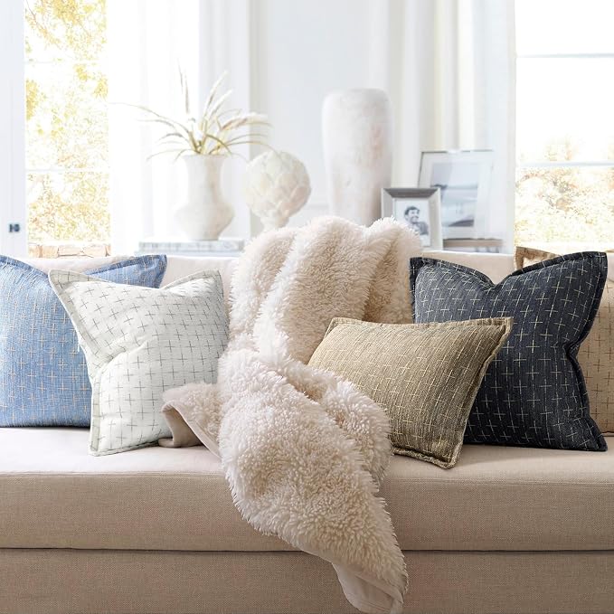 Pillow Covers 22x22 Set of 2 Soft Polyester Textured Pillow Covers with Stylish Flange Edge Cozy Farmhouse Throw Pillows for Couch Bed Sofa Living Room