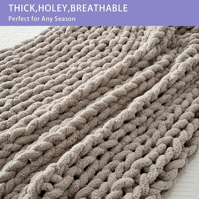 Bigacogo Chunky Knit Throw Blanket for Couch, 51x63 inches, Taupe | Hand Knit with Jumbo Chenille, Soft Breathable Cable Knit for Sofa Bed Living Room, Machine Washable, Gift for Mom Friend