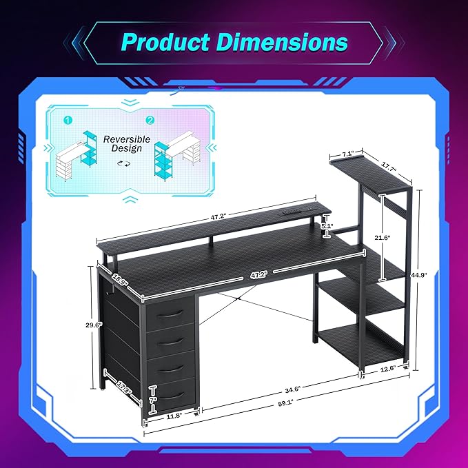 59 Inch Gaming Desk with Drawers & PC Tower Stand & LED Lights, Black | Reversible, Monitor Shelf, Power Outlets, Carbon Fiber, Mesa Gamer, Computer Desk with Storage, Gaming Table for Home Office