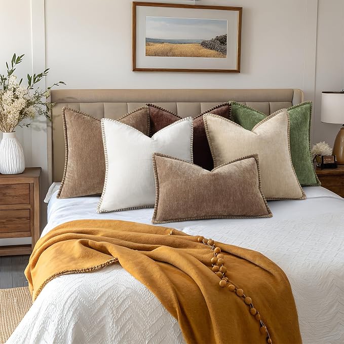 decorUhome Soft Chenille Throw Pillow Covers 16x16 Set of 2 Brown | Fall Textured Decorative Throw Pillow Cases Stitched Edge Modern Farmhouse Luxury Boho Velvet for Couch Sofa Bed Home Decor