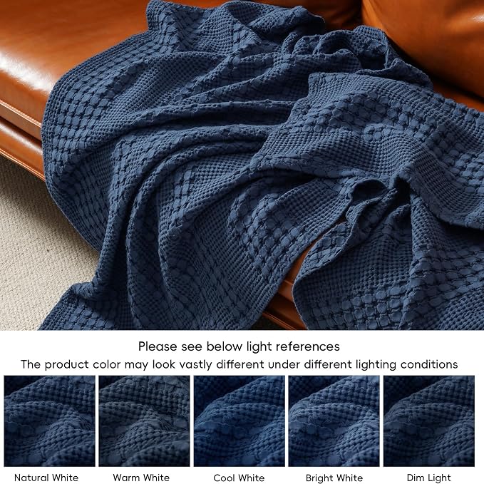 PHF 100% Cotton Waffle Blanket Twin Size, Lightweight Breathable Summer Blanket for Hot Sleepers, Pre-Washed Soft Layer for Bed, Dorm, Couch & Guest Room, Home Decor Gift, 66"x90", Blue Sapphire