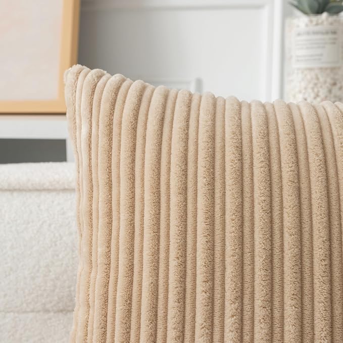 UGASA Velvet 24x24 Inch Soft Throw Pillow Cover Boho Farmhouse Decorative Corduroy Striped Both Sides Solid Square Cushion Case for Couch Bedroom Sofa Home, 1 Piece, Beige