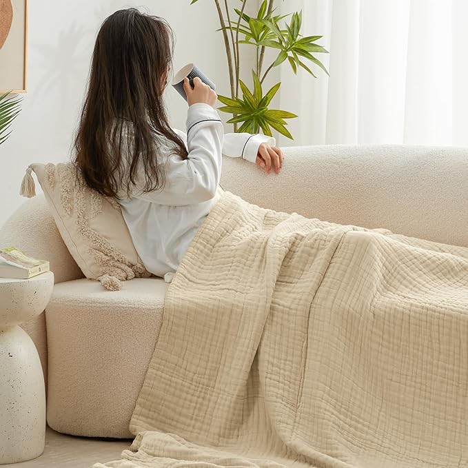 Love's cabin 100% Cotton Muslin Blanket, 6 Layer Lightweight Breathable Gauze Queen Size Blanket 90 x 90 Inches, Soft All Season Blanket for Bed, Khaki
