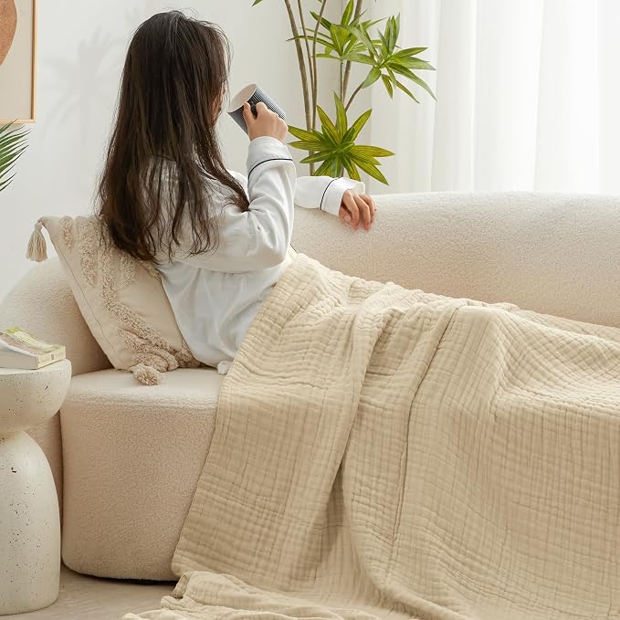 Love's cabin 100% Cotton Muslin Blanket, 6 Layer Lightweight Breathable Gauze Large Throw Blanket 50 x 70 Inches, Soft Cooling All Season Blanket for Couch or Sofa, Khaki