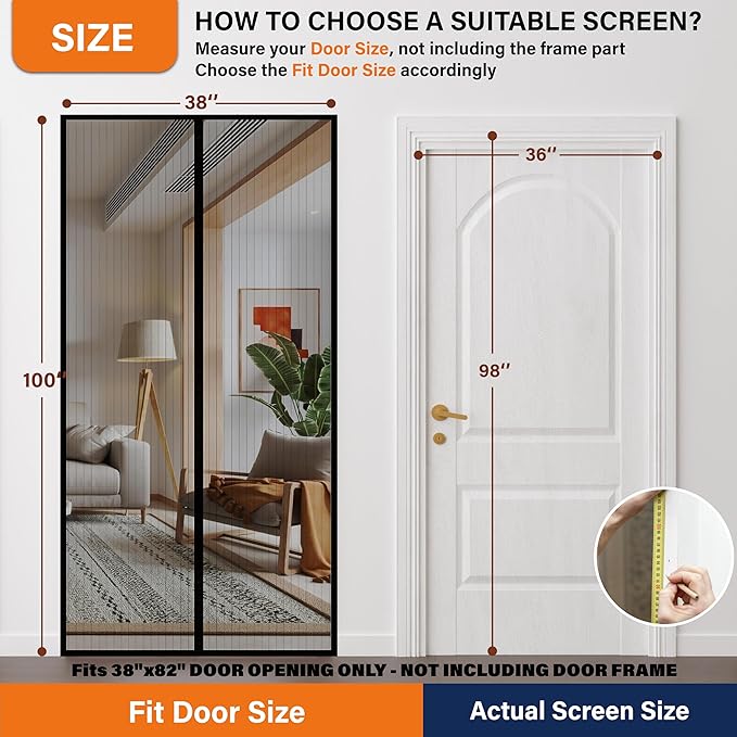 Magnetic Screen Door, Door Screen Magnetic Closure-Keeps Bugs Out Let Breeze in, Heavy Duty Mesh - Pet and Kid Friendly, Works with Front Doors, Sliding Doors (Fit Door Size 36 x 98 Inch)