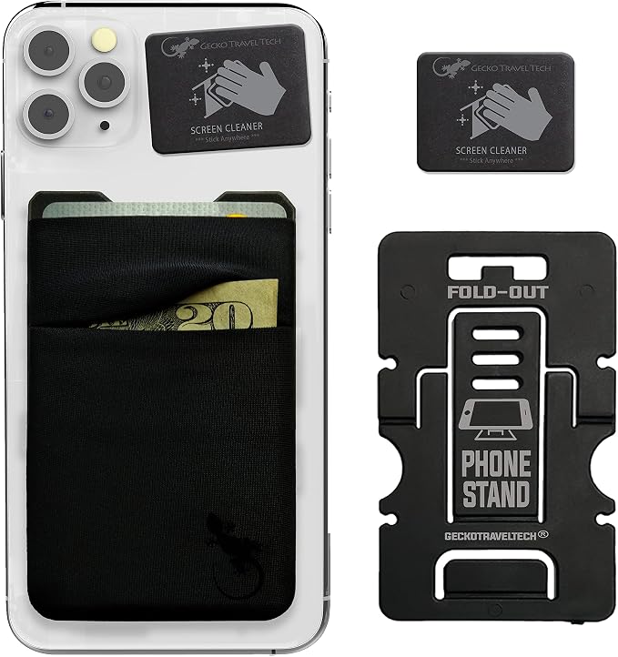 Double Pocket Gecko Phone Wallet - Adhesive Card Holder - Cell Phone Pouch - Stick on Spandex Pocket by Gecko - Carry Credit Cards and Cash ��� (BLACK-BLACK)