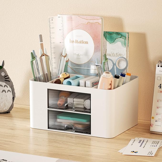 Marbrasse Pen Organizer with 2 Drawer, Multi-Functional Pencil Holder for Desk, Desk Organizers and Accessories with 5 Compartments + Drawer for Office Art Supplies (White)