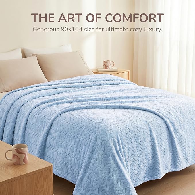 Exclusivo Mezcla Soft Fleece Blanket Twin Size for Bed, Sofa, Light Blue | 90"x66" Breathable Lightweight Flannel Blanket for Summer, Plush Cozy Jacquard Wave for Home Decor