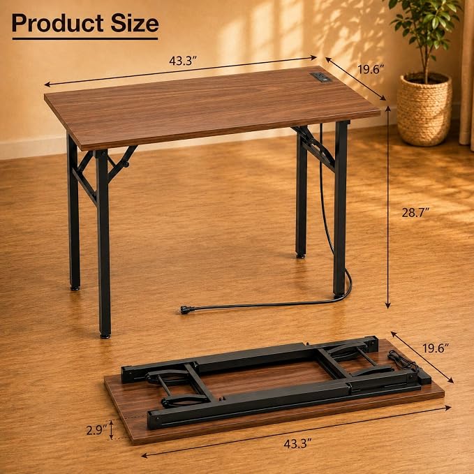 Folding Table Computer Desk - 43.3" No Assembly Folding Desk with Power Outlets & USB Charging Port, Small Desk, Foldable Office Desk, Compact Storage Portable Use for Small Space, Dark Walnut