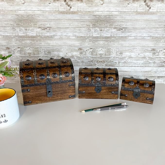 Treasure Chest Keepsake and Decorative Wood Box (Medium 6.5x4.5x4.5) - Storage Box, Wooden Box with Hinged Lid, Rustic Storage, Pirate Storage Box, Vintage Wooden Chest