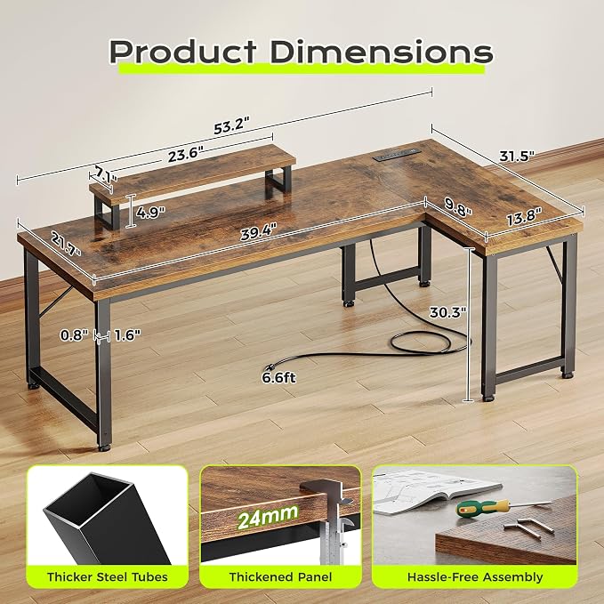 PRAISUN 53" L Shaped Computer Desk, Outlets, Monitor Stand, Rustic Brown | USB-C Ports, Reversible Charging Station, Spacious Desktop & Legroom, 0.94 Inch Thick Desktop, for Gaming, Study & Work