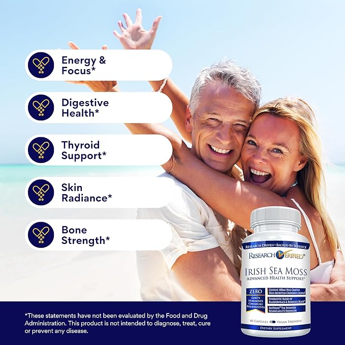 Research Verified Irish Sea Moss - Bladderwrack, Burdock, BioPerine - Rich in Prebiotics - Boost Immunity, Aid Digestion - 180 Capsules - Vegan - Made in The USA