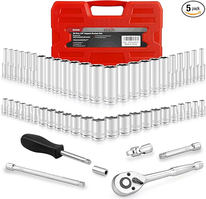 54pcs 1/4" Socket Set,Drive Impact Socket Set, SAE/Metric, Deep & Shallow with Universal Joint,Extension Bars,Hex Bit Holder, Spinner Handle,Ratchet,Cr-V Steel竊? Point竊?-14mm竊?/32-9/16 inch