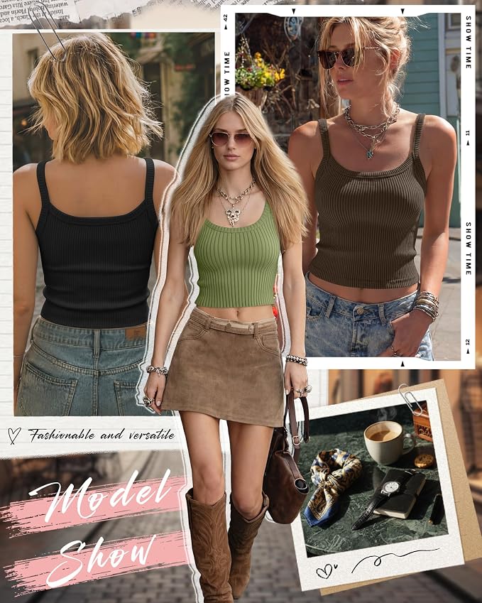 Ficerd 3 Pack Women's Tank Tops 95% Cotton Spaghetti Strap Ribbed Crop Camisole Slim Fitted Basic Summer Sleeveless Layer