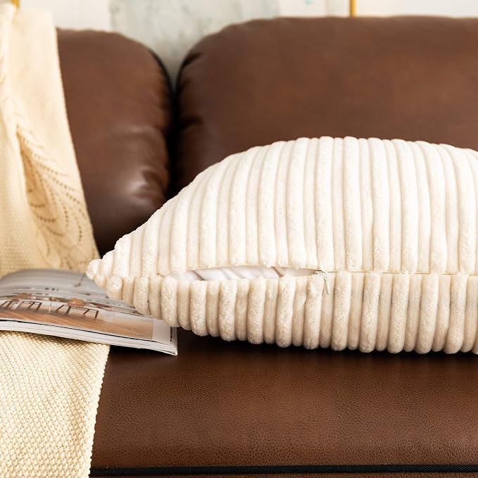 UGASA Pack of 2, Velvet Pillow Covers Striped, Soft Textured Throw Cushion Case Set, Accent Corduroy Lumbar Pillowcases with Hidden Zipper for Home Decor Indoor Outdoor (12"x20", Cream)