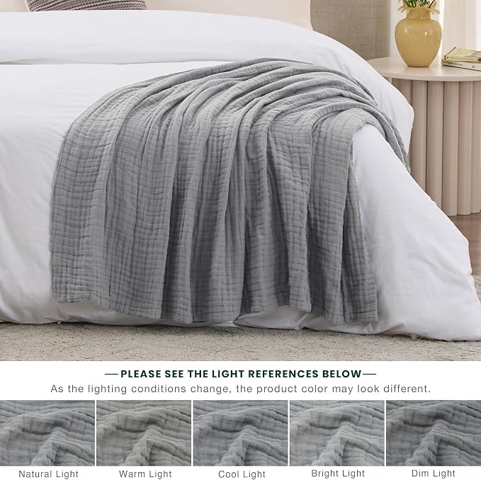 Love's cabin 100% Cotton Muslin Blanket, 6 Layer Lightweight Breathable Gauze Large Throw Blanket 50 x 70 Inches, Soft Cooling All Season Blanket for Couch or Sofa, Medium Grey