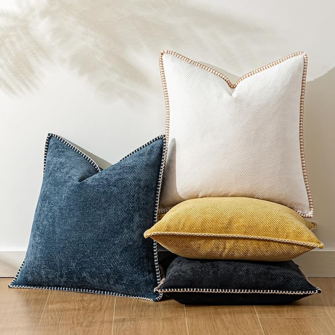 a moment Pack of 2 Decorative Chenille Throw Pillow Covers with Twill Cushion Covers for Sofa Living Room Couch Bed 16x16 Inch,Crafted Border Blue