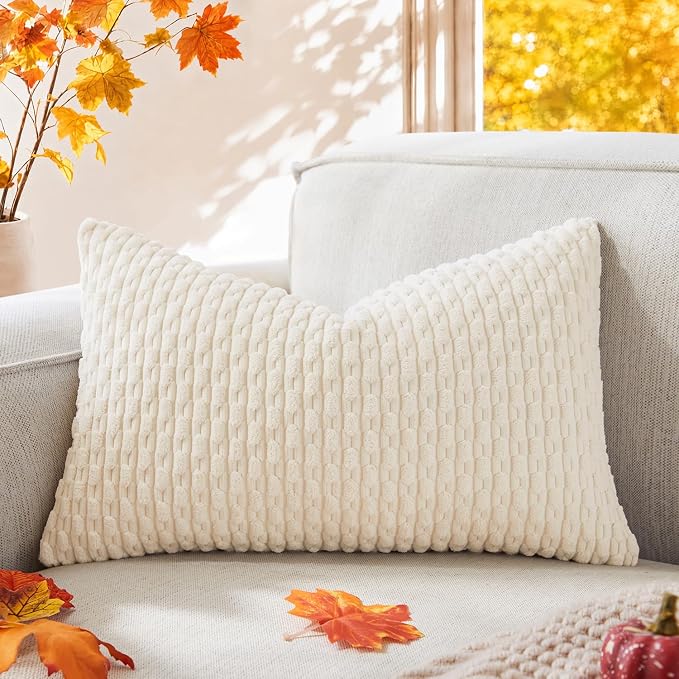 Kevin Textile Soft Corduroy 16"x24" Lumbar Pillow Cover 1 Pack, Cream White | Boho Stripe Plush Corduroy Decorative Oblong Cushion Cover Modern Farmhouse Home Decor for Sofa Couch Bed Chair