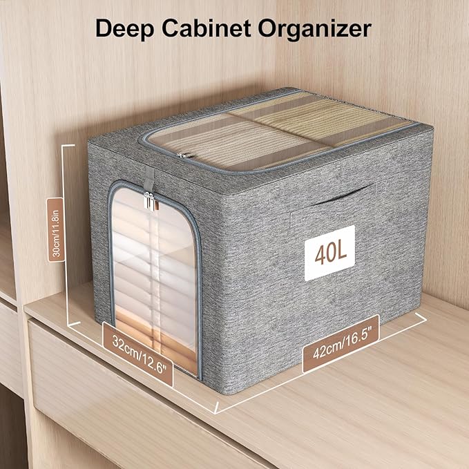 GoMaihe Clothes Storage Bin with Metal Frame: 4-Pack Stackable Closet Storage Bin with Lid & Clear Window, Sweater Boxes Storage for Closet Clothing Bedding Storage Organizer 40L