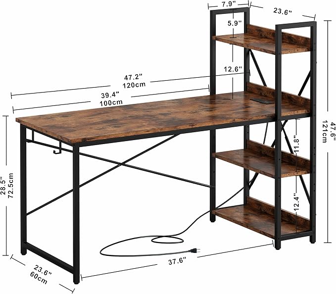 IRONCK Computer Desk 47" with Power Outlet and Storage Shelves,Rustic Brown | Study Writing Table with USB Ports Charging Station, PC Desk Workstation for Home Office