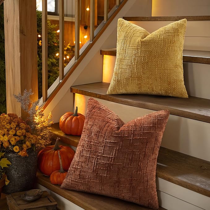 decorUhome Textured Chenille Throw Pillow Covers 12x20 Set of 2 Rust | Fall Modern Farmhouse Soft Cozy Slubby Couch Pillow Cases Boho Decorative Pillow Cases for Bed Sofa Living Room Home Decor