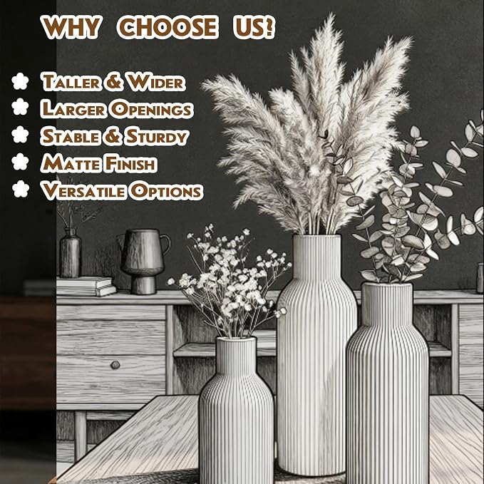 Vintage Blue Ceramic Flower Vases Set of 3, Modern Matte Vertical Ribbed, Nordic Minimalist Decor for Pampas Dried & Fresh Flowers, Centerpiece for Living Room, Shelf, Entryway, Wedding