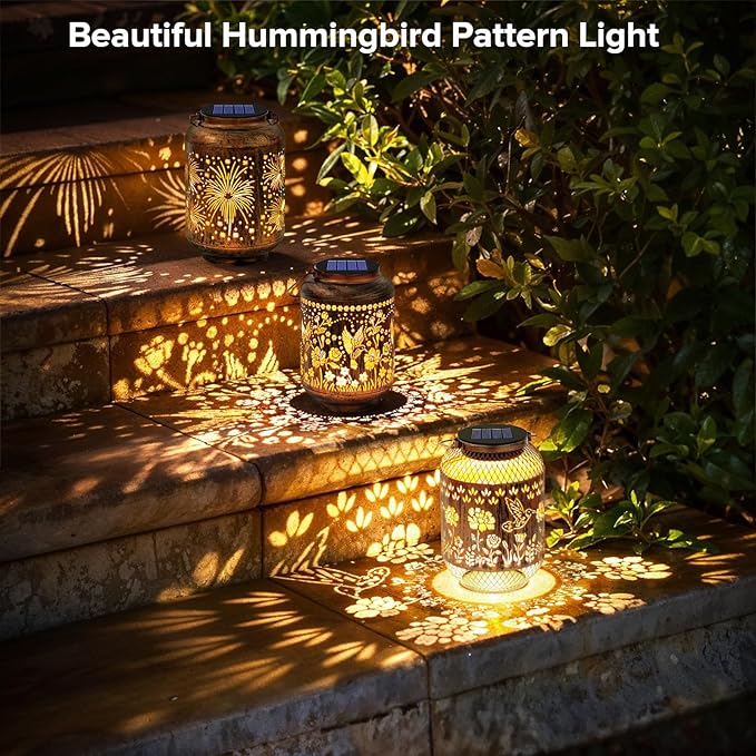 Solar Lanterns Outdoor Waterproof - Hummingbird Solar Lights for Garden, Hanging Metal Lantern Decor for Patio, Yard - Christmas Mothers Day Gifts for Women, Mom, Grandma (Hummingbird, 2)