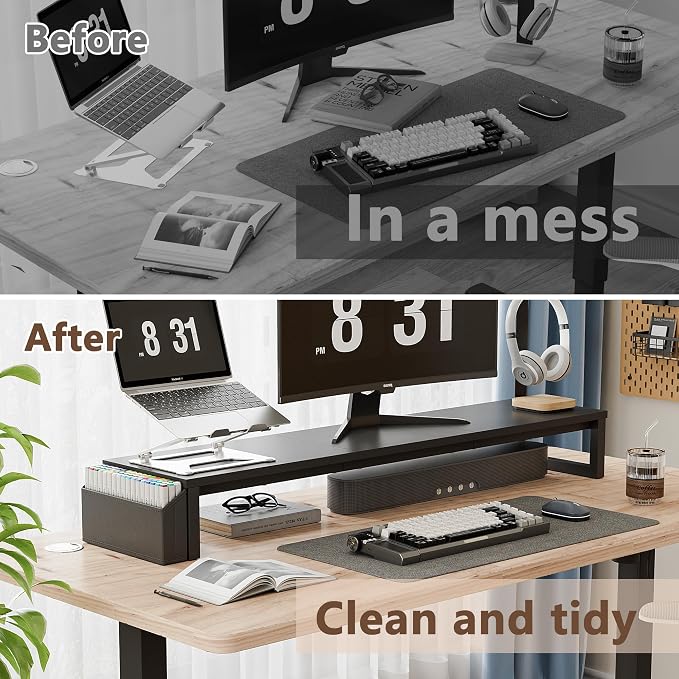 LAND·VOI Dual Monitor Stand Riser,41.5'' Long Monitor Stand for 2 Monitors, Wood and Steel Computer Monitor Stand, Desktop Oraganizer with Pen Holder, Monitor Riser for Desk Computer,Laptop,TV, Black