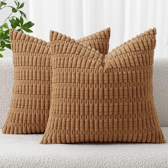 MIULEE Pack of 2 Corduroy Decorative Euro Sham Throw Pillow Covers 24x24 Inch Soft Boho Striped Pillow Covers Modern Farmhouse Home Decor for Sofa Living Room Couch Bed Brown