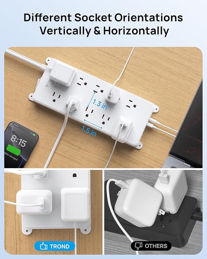 TROND 360° Rotating Plug Surge Protector 15ft, Power Strip with 2 USB A and 2 USB C, 10 Widely Spaced Outlets, 4000J, ETL Listed, Wall Mountable, for Home Office Entertainment, White