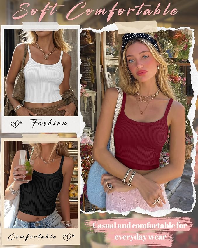 Ficerd 3 Pack Women's Tank Tops 95% Cotton Spaghetti Strap Ribbed Crop Camisole Slim Fitted Basic Summer Sleeveless Layer