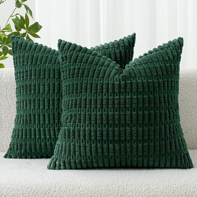 MIULEE Pack of 2 Dark Green Corduroy Decorative Pillow Covers 18x18 Inch Soft Boho Striped Throw Pillow Covers Modern Farmhouse Home Decor for Sofa Living Room Couch Bed
