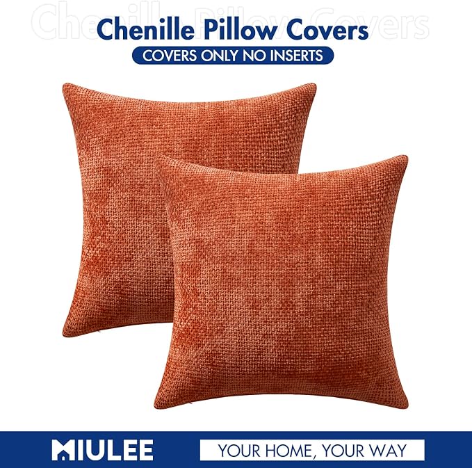 MIULEE Fall Decorative Lumbar Throw Pillow Covers 12x20 Burnt Orange 2 Pack | Modern Boho Accent, Soft Chenille Pillow Covers, Farmhouse Cushion Cases for Couch Bed Sofa Living Room Home Decor