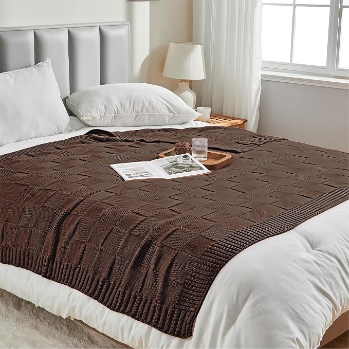 CozeCube Dark Brown Knitted Checkered Throw Blanket 50"X60" | Check Knit Throw for Couch, Decorative Christmas Soft Cozy Warm Blanket for Bed Sofa Living Room