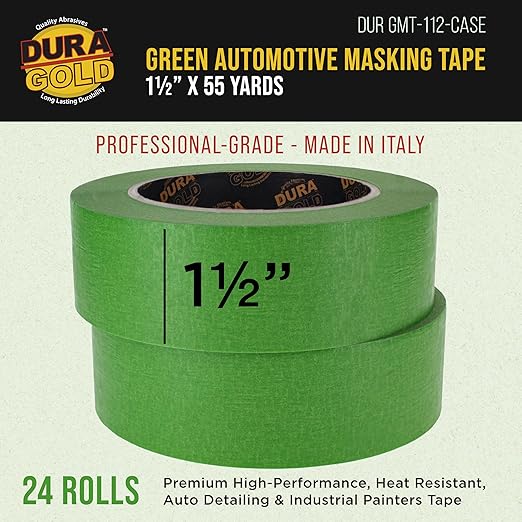 Dura-Gold Green Automotive Masking Tape 1-1/2 Inch (1.41 Inch x 55 Yards), Case of 24 Rolls - Premium High-Performance, Heat Resistant - Auto Refinish Painting, Car Detailing, Autobody, Painters Tape