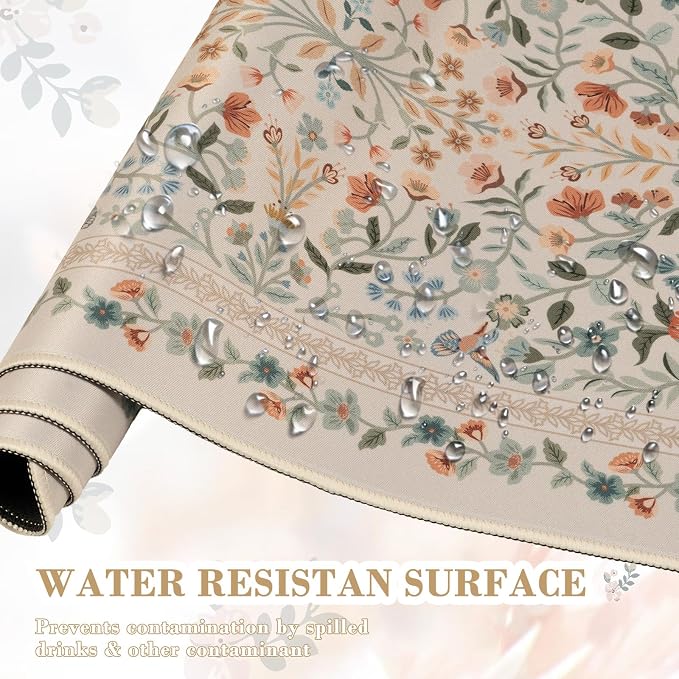 iCasso Aesthetic Desk Mat,31.5x11.8in Mouse Pads,Beige Floral | Anti-Slip Mousepad with Stitched Edges, Waterproof Computer Pad, Desk Accessories Office Decor for Women