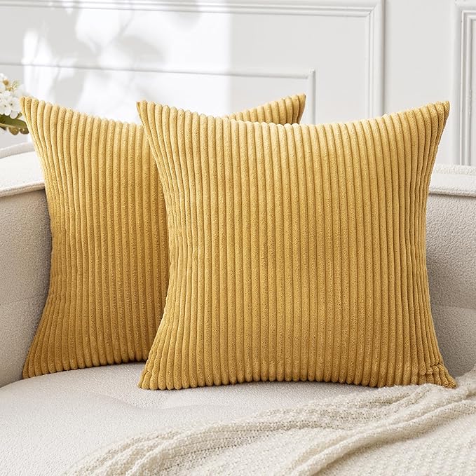 MIULEE Fall Decorative Corduroy Throw Pillow Covers Set of 2 18x18 Gold | Soft Striped Textured Cushion Cases, Boho Rustic Square Pillowcases Neutral Home Decor, for Couch Chair Sofa Bed Living Room