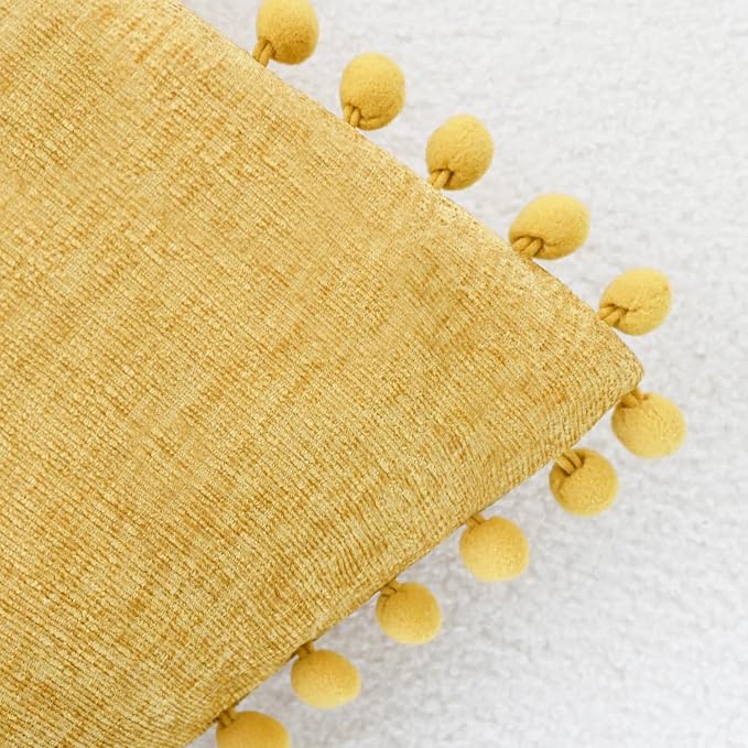 CaliTime Decorative Couch Throw Pillow Covers 18 X 18 Inches Gold | Pack of 2, Cozy Chenille Cushion Cases, with Pom Poms for Sofa Bed Living Room Farmhouse Home
