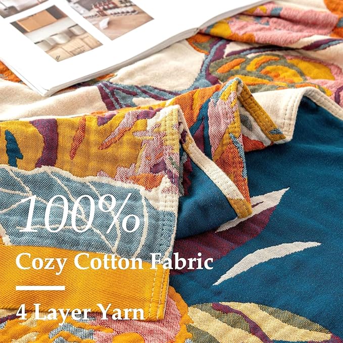 LUTBM Boho Throw Blanket for Couch 50"x60", 100% Cotton Summer Bed Blankets | Reversible Floral Butterfly Jacquard, All-Season, For Chair Sofa Living Room, Lightweight & Breathable Gauze, Bohemian Decor