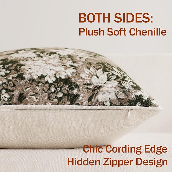 Pack of 2 Vintage Floral Throw Pillow Covers 22x22 Boho Farmhouse Accents Chenille Square Decorative Pillow Cases for Living Room Couch Bed Home Decor, Green and Taupe