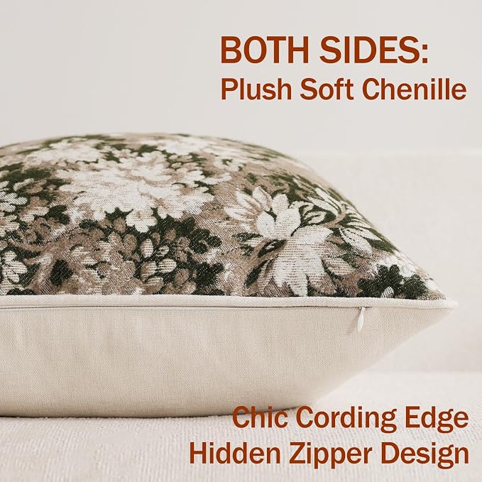 Pack of 2 Vintage Floral Euro Sham Covers 24x24 Boho Farmhouse Accents Chenille Square Decorative Throw Pillow Cases for Living Room Couch Bed Home Decor, Green and Taupe
