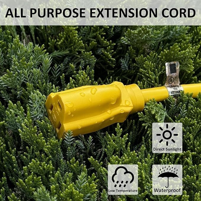 YOJOE Indoor Outdoor Extension Cord, 3 Prong 15A Weatherproof Power Cord, 12 Gauge Heavy Duty 12 ft Yellow Extension Cord for Garage, Garden and Home, 12/3 SJTW UL Listed