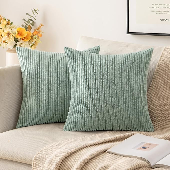 MIULEE Soft Corduroy Throw Pillow Covers Set of 2 18x18 Greyish Green | Decorative Striped Textured Cushion Cases, Boho Natural Greenery Pillowcases, Home Decor for Couch Chair Sofa Living Room