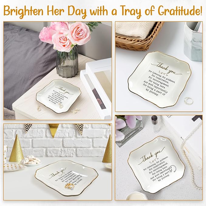 OASSIE Thank You Gifts for Women - 4"X4" Ceramic Jewelry Dish Tray - Inspirational Teachers Day Birthday Employee Appreciation Gifts for Women Coworkers Boss Friends Nurses, Retirement Gift for Woman