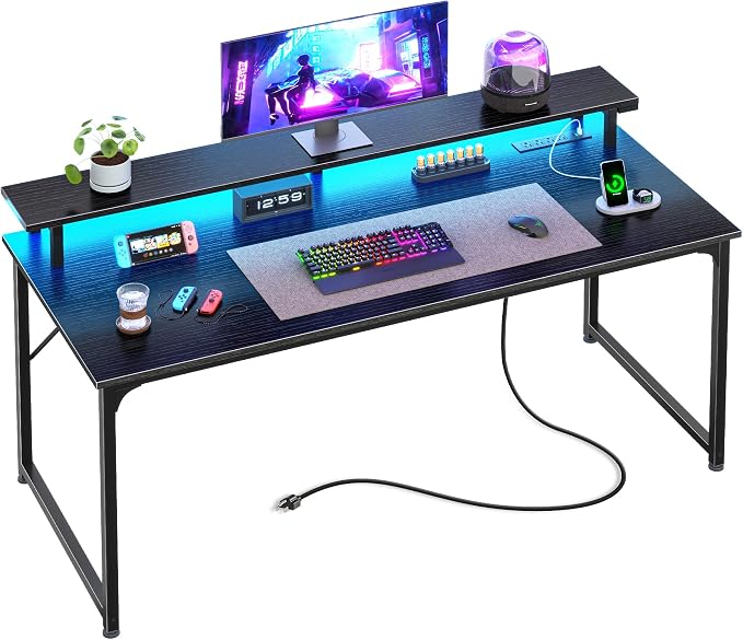 PRAISUN 48 inch Gaming Desk, LED & Power Outlets, Monitor Stand, Black | Sturdy PC Desk for Home Office, Study & Work, LED Lights, 4 AC Outlets & USB-C Charging Station