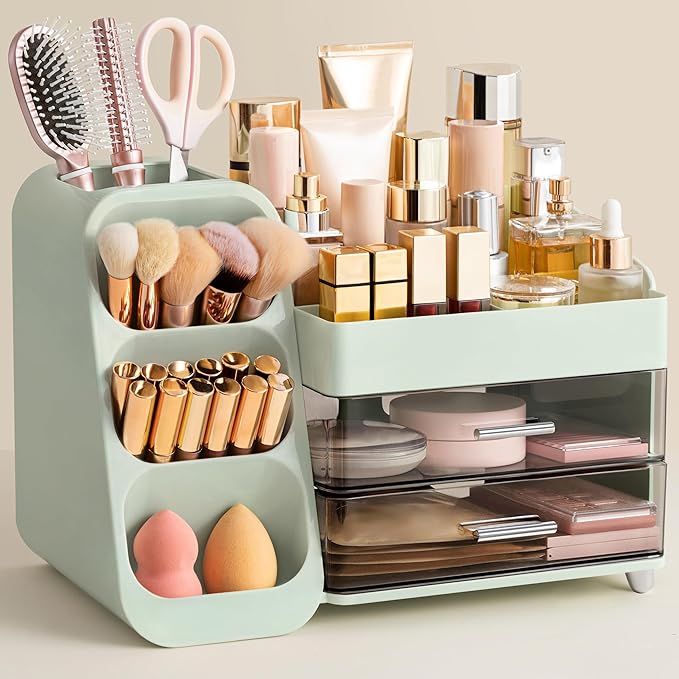 HBlife Makeup Organizer with Brush Holder for Vanity, Large Plastic Bathroom Countertop Organizer Skin Care Storage, Easy to Store Lipsticks, Nail Polishes, Perfumes, Eyeshadow Palettes, Green