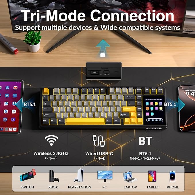 Aula L99 Wireless Mechanical Gaming Creamy Keyboard with Smart Touch Screen | Tri-Mode Hot Swappable Custom Keyboard,RGB Backlit,PBT Keycap,Gasket Mount Creamy Sounding Keyboards for Office PC,84 Keys