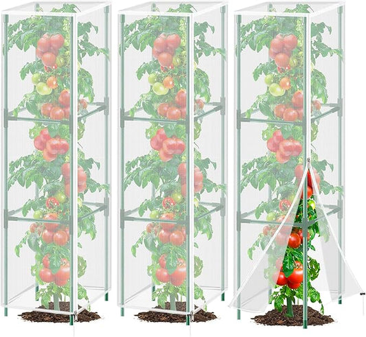3 Pack Garden Bird Netting Plant Cover for Square Tomato Cage,14.6"x14.6"x51.2" Insect Bird Barrier Tomato Cage Net with Zipper Drawstring,Tomato Trellis Netting Protection Cover for Protecting Plants