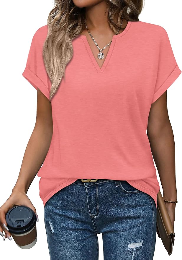 Womens Tops Dressy Casual V Neck Rolled Sleeve T Shirts Fashion Clothing Business Casual Outfits Beach Vacation Clothes