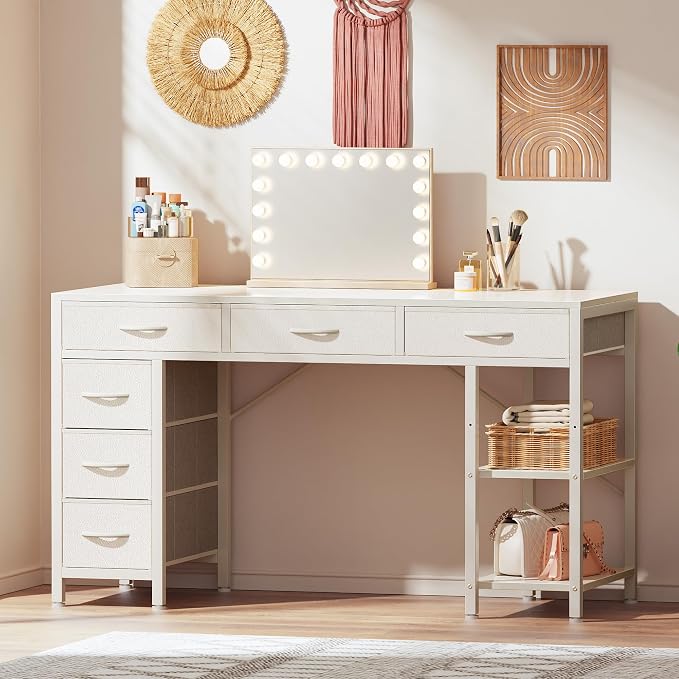 Huuger Computer Desk with 6 Drawers, Office Desk with Shelves, Reversible Gaming Desk, Corner Desk with Storage, Work for Home Office, Study, Living Room, 47inch, White